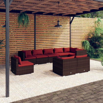 vidaXL 9 Piece Patio Lounge Set with Cushions Poly Rattan Brown-0