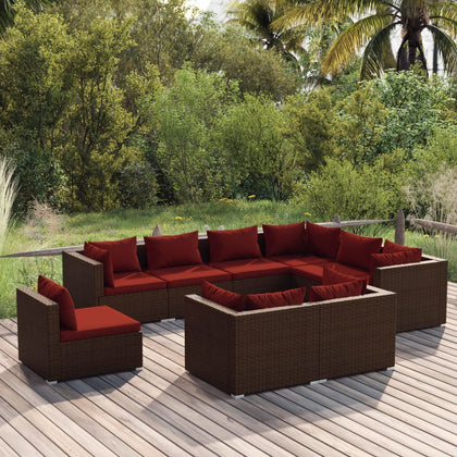 vidaXL 9 Piece Patio Lounge Set with Cushions Poly Rattan Brown-0